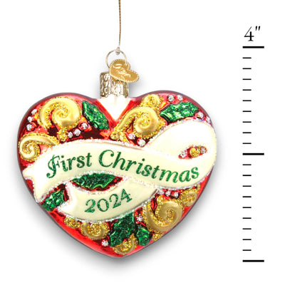 2024 First Christmas Heart Ornament featuring a vibrant red heart with gold accents, glitter details, and “First Christmas 2024” lettering across a white banner.