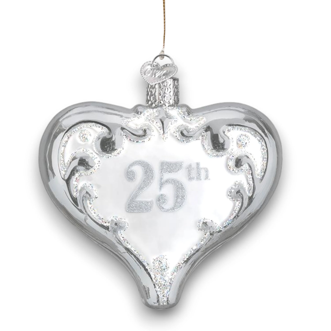 25th Anniversary Heart Christmas Ornament featuring a silver heart with intricate scrollwork and glitter accents, perfect for celebrating a silver anniversary.