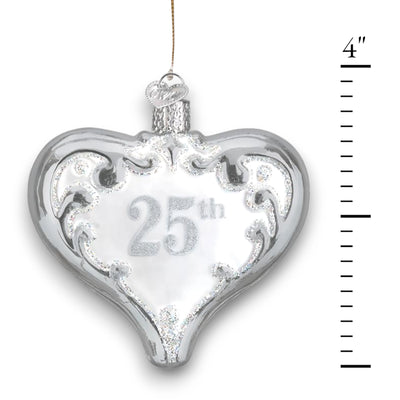 25th Anniversary Heart Christmas Ornament featuring a silver heart with intricate scrollwork and glitter accents, perfect for celebrating a silver anniversary.