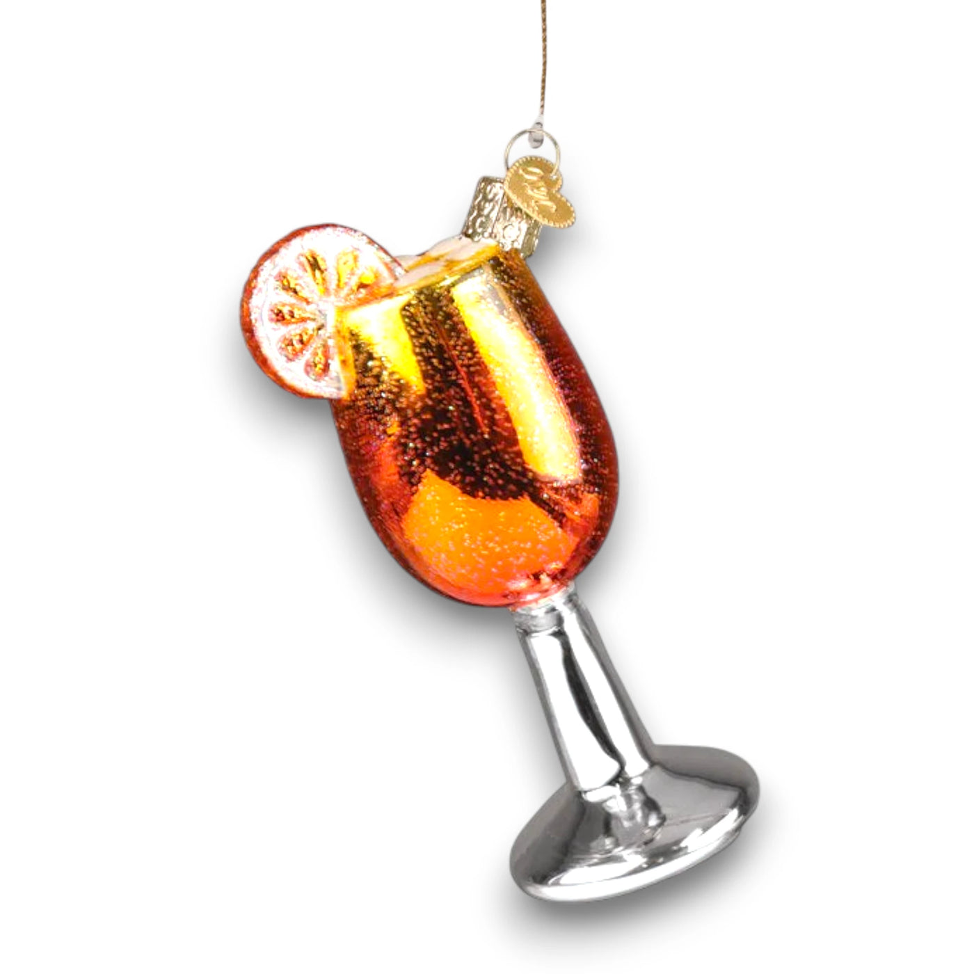 Personalized Aperol Spritz Christmas Ornament featuring a glittering orange cocktail with a slice of orange garnish and a sleek silver stem, customizable with name and year.