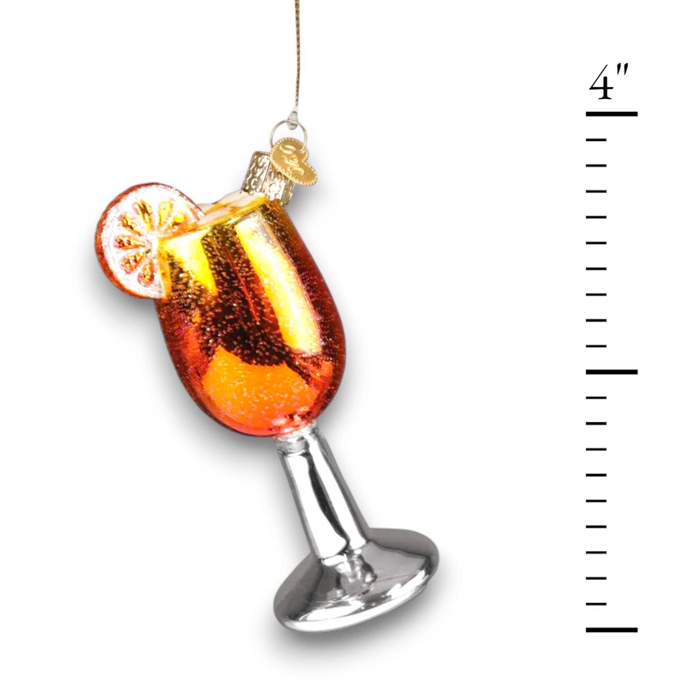 Personalized Aperol Spritz Christmas Ornament featuring a glittering orange cocktail with a slice of orange garnish and a sleek silver stem, customizable with name and year.