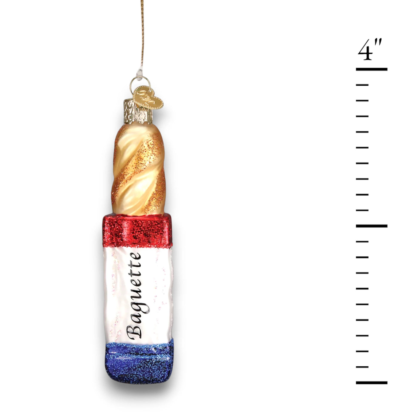 A glittery baguette Christmas ornament featuring a golden loaf and a red, white, and blue tricolor design inspired by the French flag.