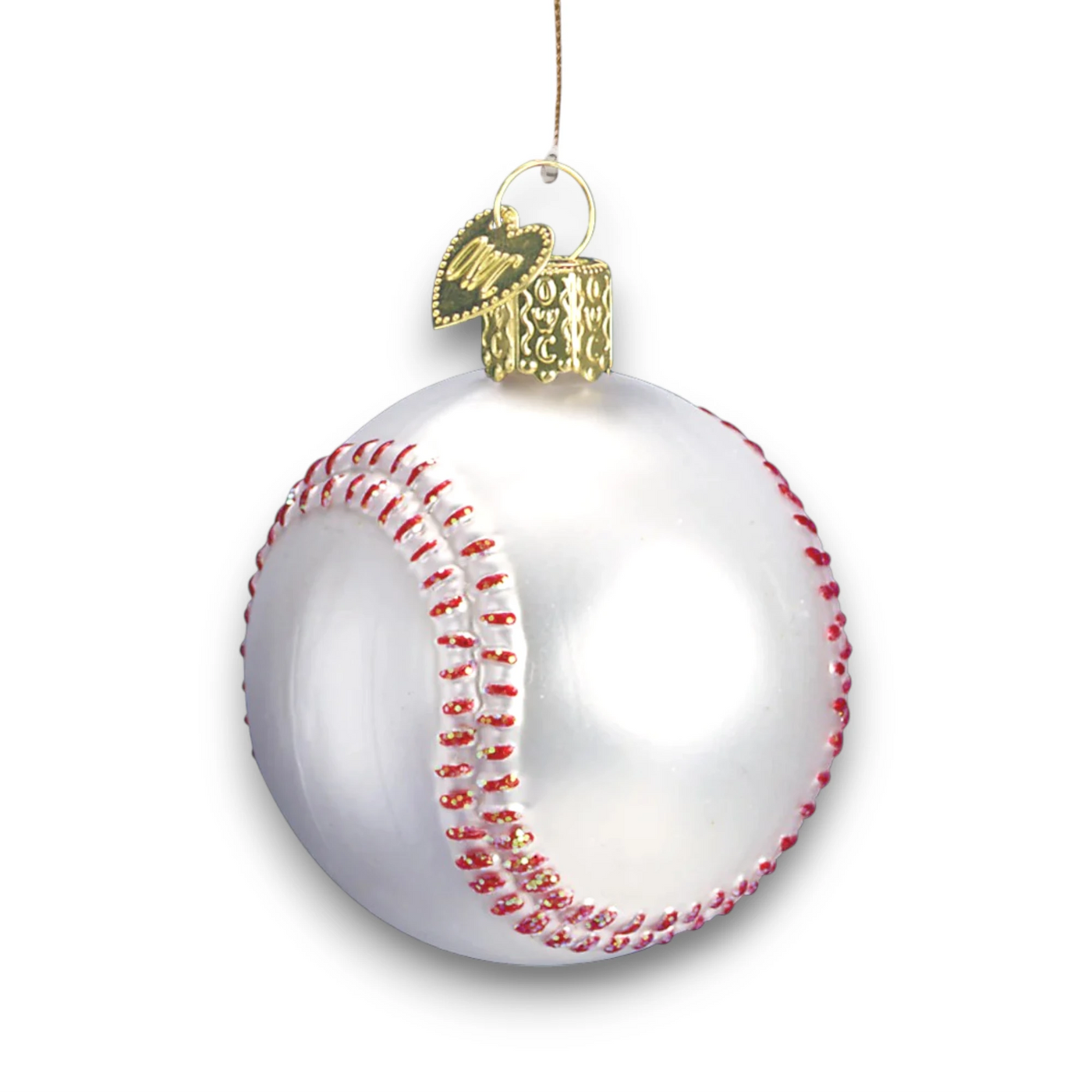 Personalized Baseball Christmas Ornament featuring a classic white design with red glitter stitching, customizable with name and year.