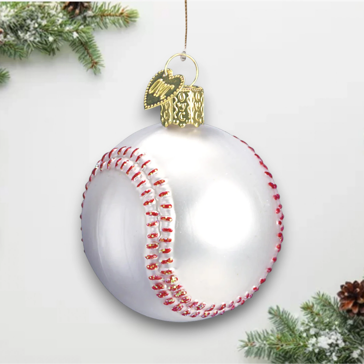 Personalized Baseball Christmas Ornament featuring a classic white design with red glitter stitching, customizable with name and year.