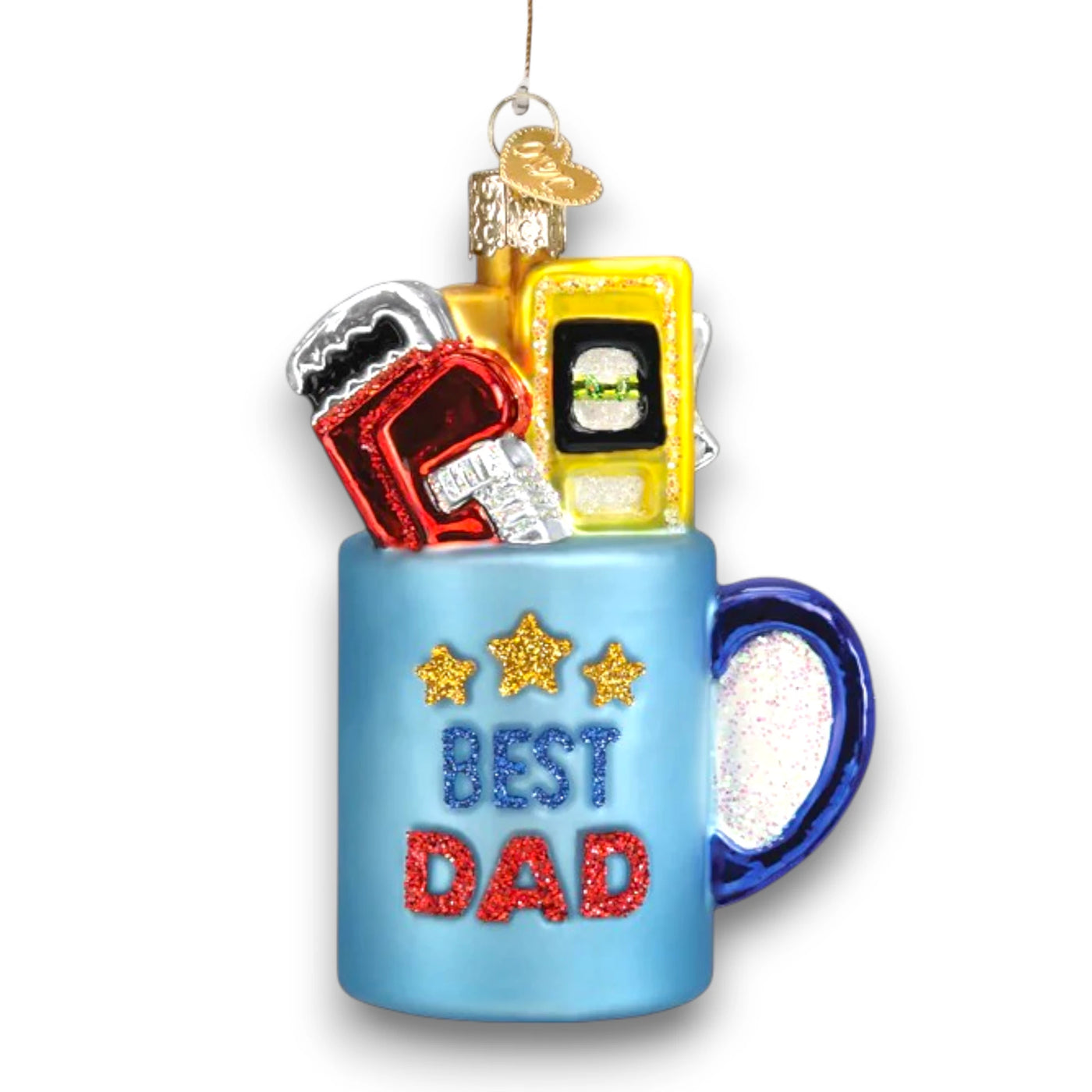 Blue “Best Dad” mug Christmas ornament featuring glittery stars, bold lettering, and colorful tools, customizable with name and year.