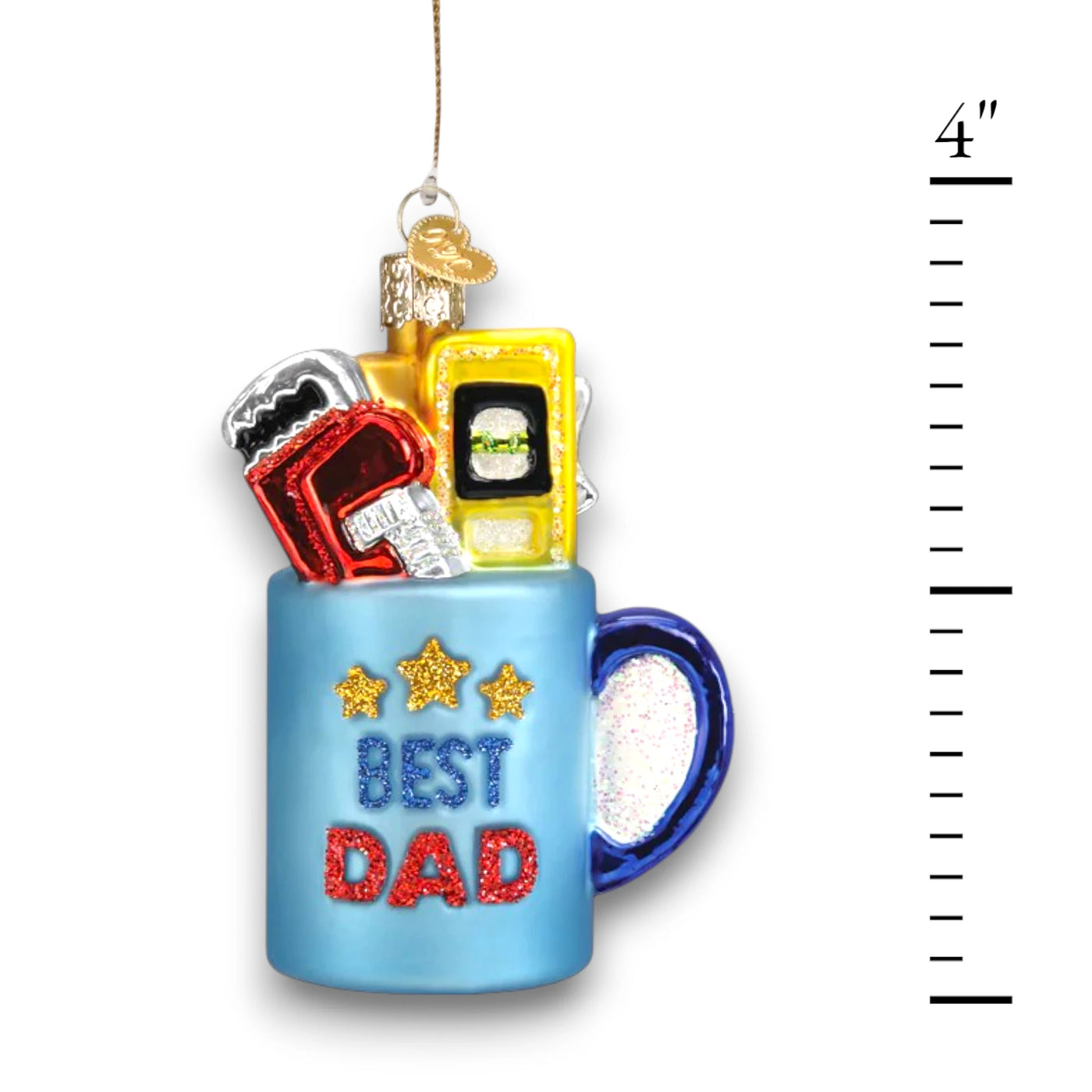 Blue “Best Dad” mug Christmas ornament featuring glittery stars, bold lettering, and colorful tools, customizable with name and year.