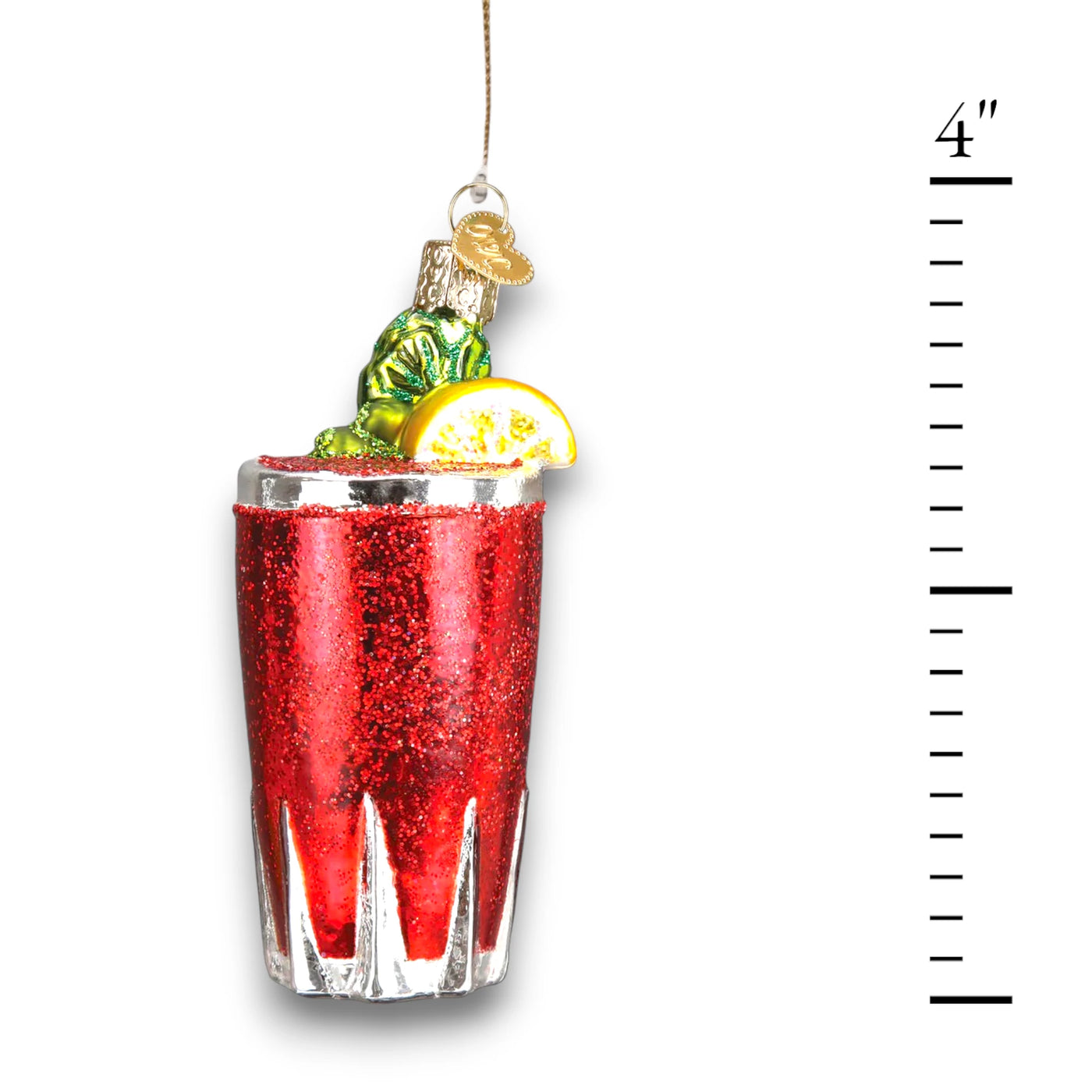 Bloody Mary Christmas ornament featuring a glittery red cocktail in a glass with celery garnish and a lemon slice, accented with shimmering details.