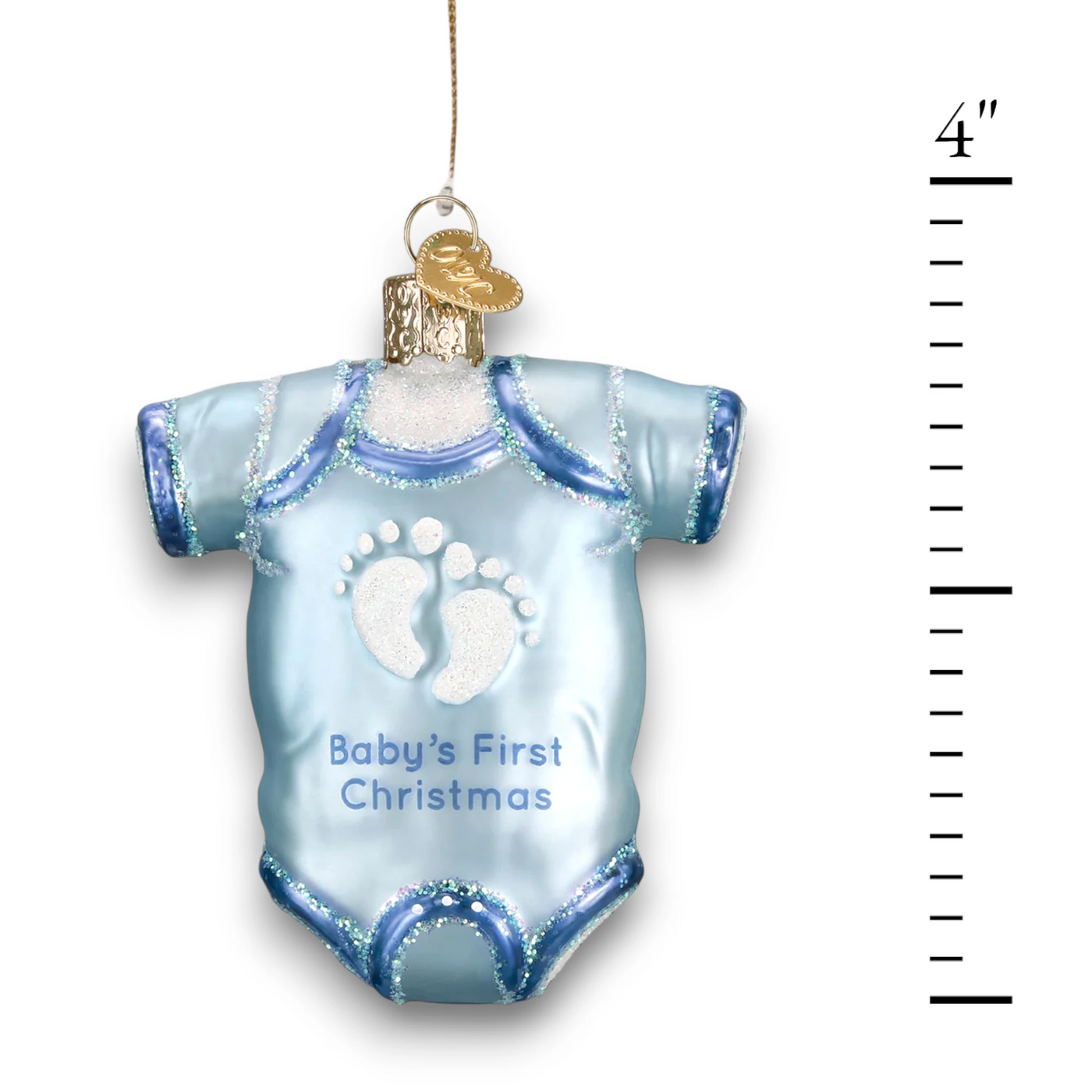 Blue baby onesie Christmas ornament featuring glittery footprints and the phrase “Baby’s First Christmas,” perfect for commemorating a baby’s first holiday.