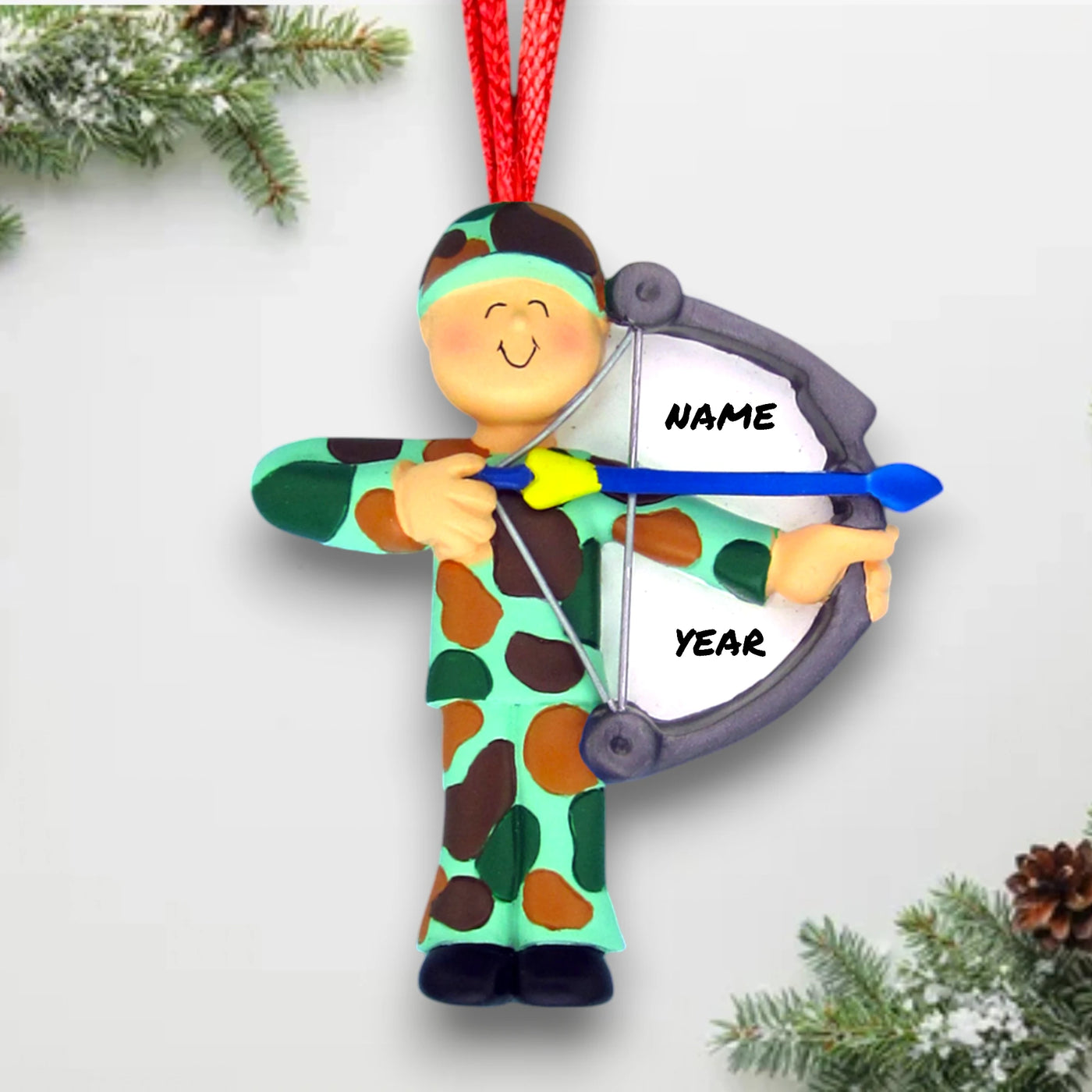 Personalized Hunter with Bow Male Christmas Ornament – Customizable with Name and Year