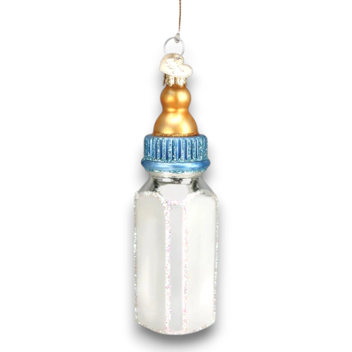 Personalized Boy Baby Bottle Christmas Ornament featuring a golden nipple, blue cap, and glitter details, customizable with name and year.