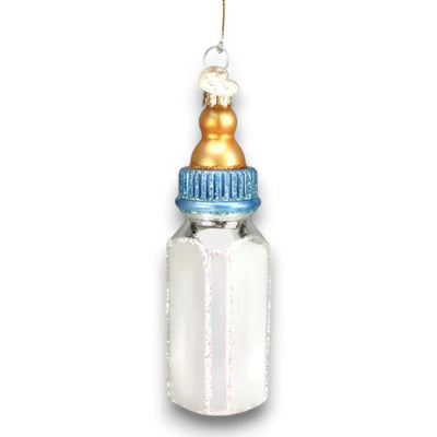 Personalized Boy Baby Bottle Christmas Ornament featuring a golden nipple, blue cap, and glitter details, customizable with name and year.