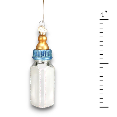 Personalized Boy Baby Bottle Christmas Ornament featuring a golden nipple, blue cap, and glitter details, customizable with name and year.