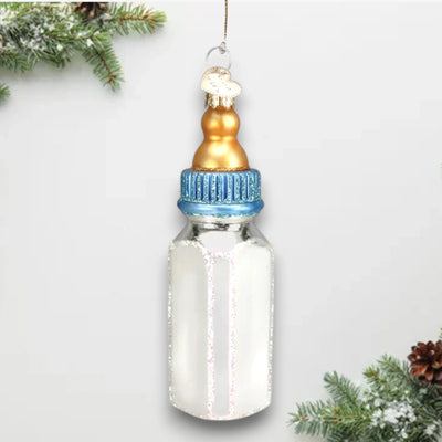 Personalized Boy Baby Bottle Christmas Ornament featuring a golden nipple, blue cap, and glitter details, customizable with name and year.