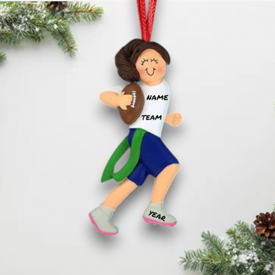 Personalized Brunette Female Flag Football Christmas Ornament