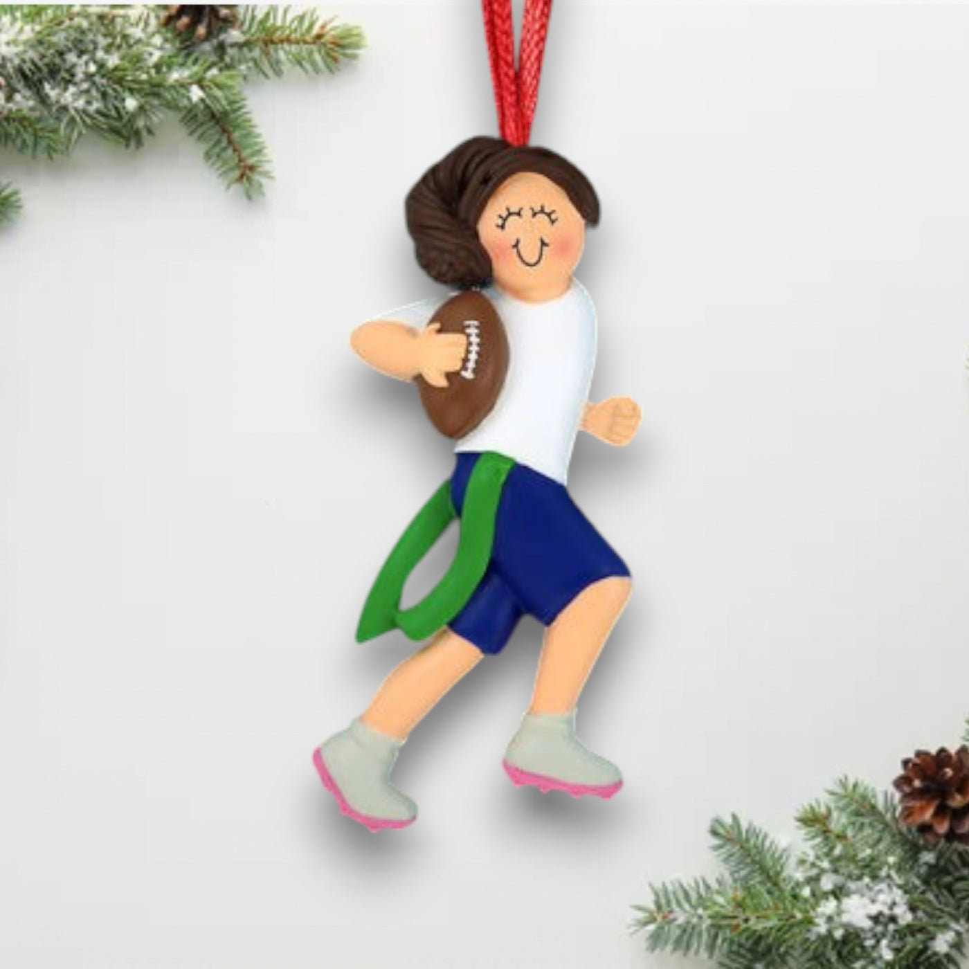 Personalized Brunette Female Flag Football Christmas Ornament