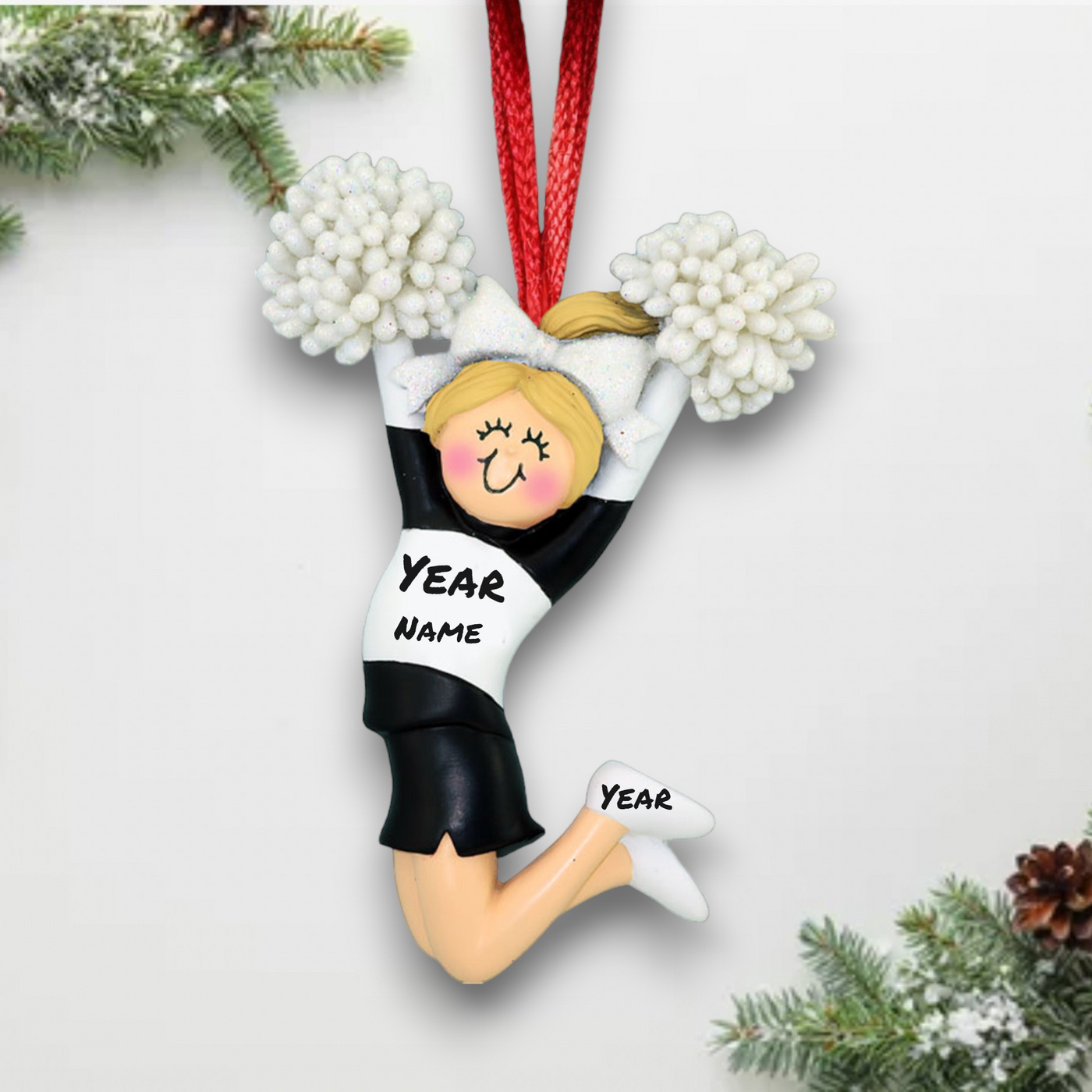 Personalized Blonde Cheerleader Christmas Ornament Black Uniform