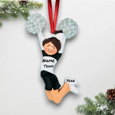 Personalized Brunette Cheerleader Christmas Ornament Black Uniform