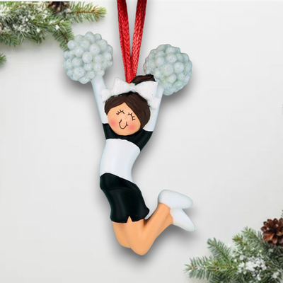 Personalized Brunette Cheerleader Christmas Ornament Black Uniform