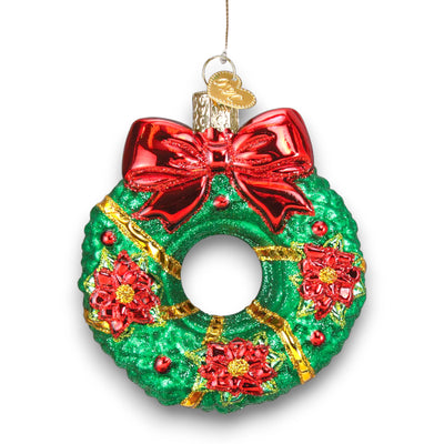 Personalized Christmas Wreath Ornament featuring a green wreath with glittered red poinsettias, gold accents, and a red bow, customizable with name and year.