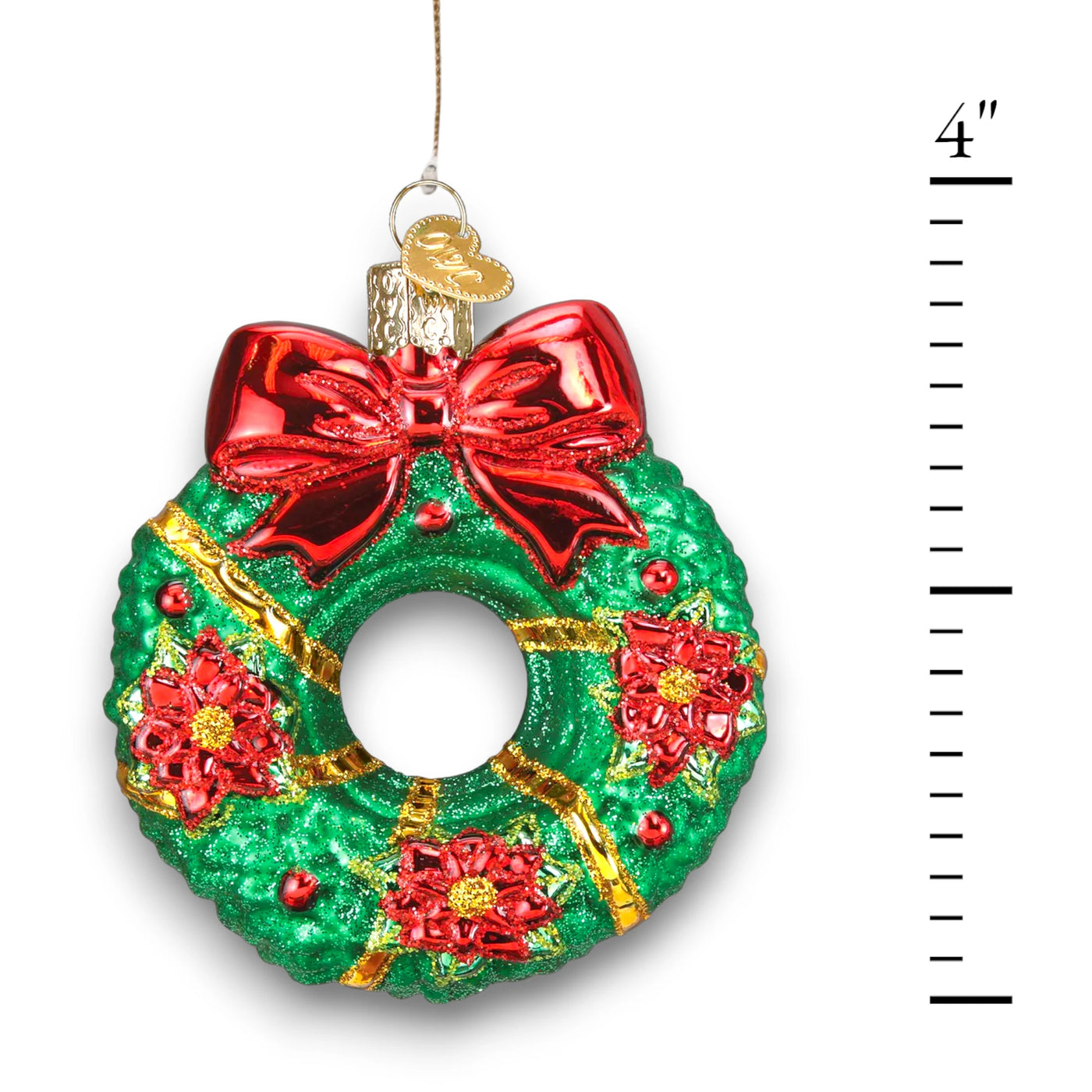 Personalized Christmas Wreath Ornament featuring a green wreath with glittered red poinsettias, gold accents, and a red bow, customizable with name and year.