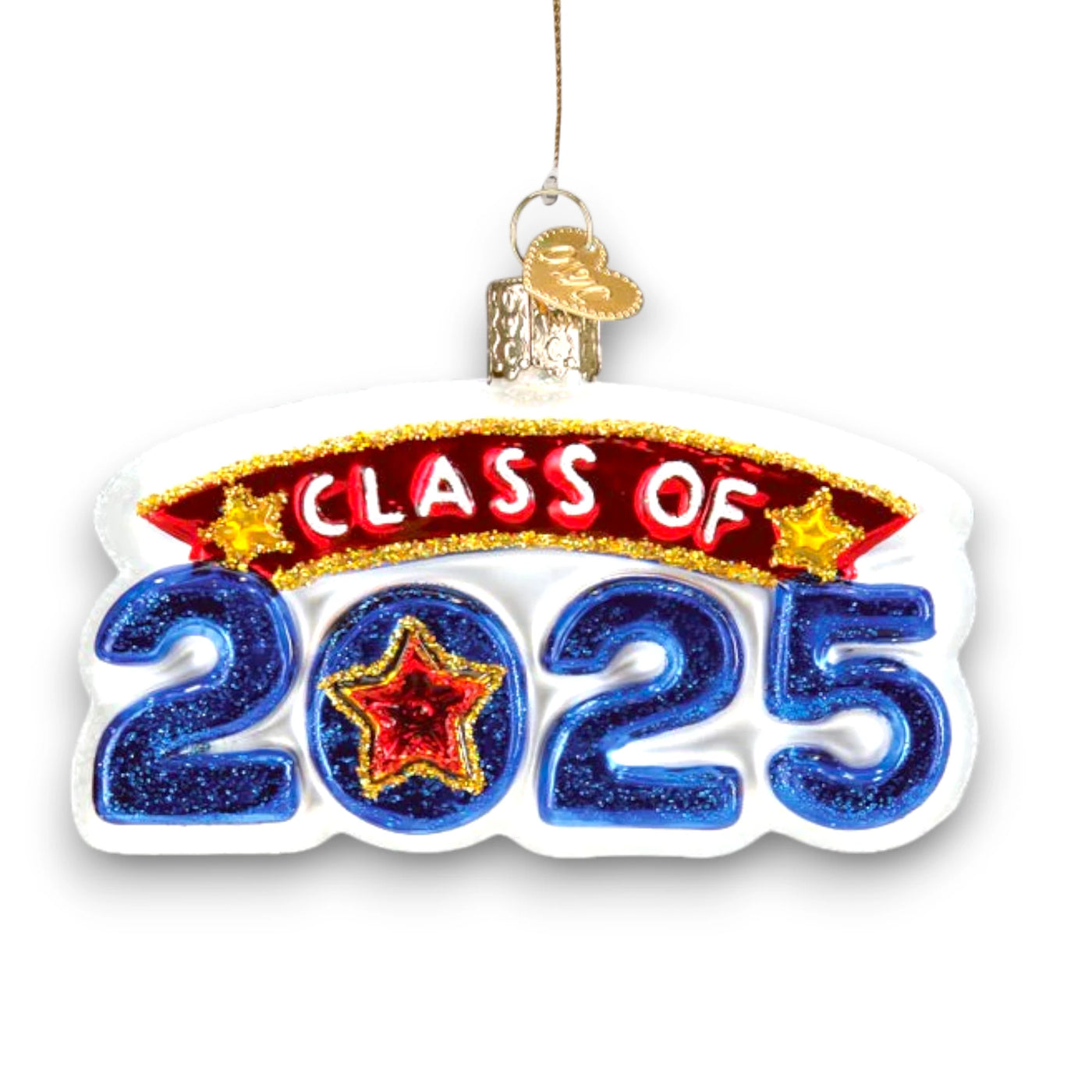 Personalized Class Of 2025 Christmas Ornament featuring blue glittered numbers, a red and gold “Class of” banner, and star accents, customizable with a name or school.