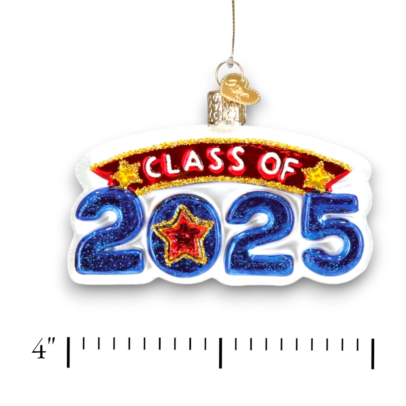 Personalized Class Of 2025 Christmas Ornament featuring blue glittered numbers, a red and gold “Class of” banner, and star accents, customizable with a name or school.