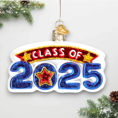 Personalized Class Of 2025 Christmas Ornament featuring blue glittered numbers, a red and gold “Class of” banner, and star accents, customizable with a name or school.