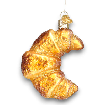 Personalized Croissant Christmas Ornament featuring a golden, flaky croissant with glittery accents, customizable with name and year.