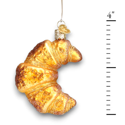 Personalized Croissant Christmas Ornament featuring a golden, flaky croissant with glittery accents, customizable with name and year.