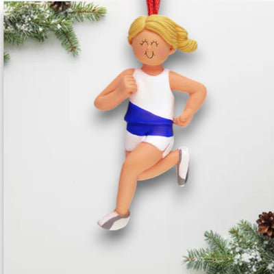 Personalized Blonde Female Runner Christmas Ornament