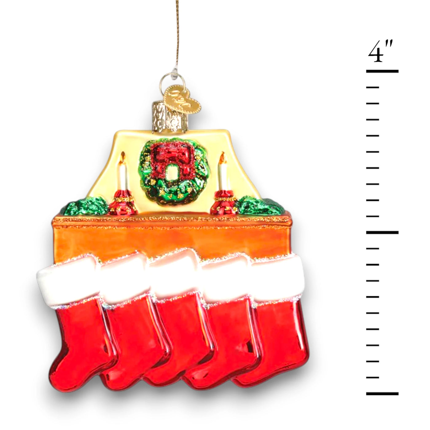 Family of 5 stockings Christmas ornament featuring a cozy fireplace with red stockings, candles, and a wreath, customizable with names and year.