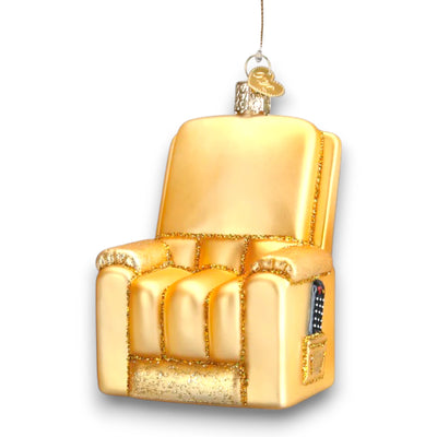 Golden recliner Christmas ornament with glitter accents and side pocket featuring a remote control, customizable with name and year.