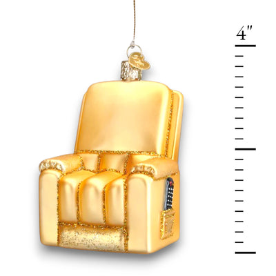 Golden recliner Christmas ornament with glitter accents and side pocket featuring a remote control, customizable with name and year.