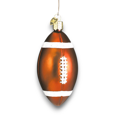 Personalized Football Christmas Ornament featuring a classic brown football design with white glitter laces and stripes, customizable with name and year.