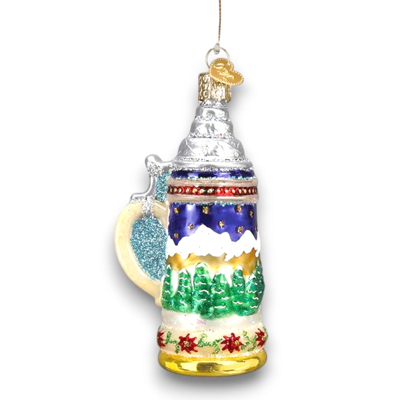 German Stein Christmas ornament featuring a traditional beer stein design with an Alpine scene, silver lid, and festive glitter accents.