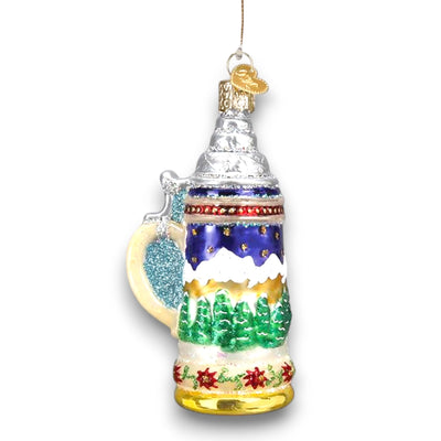 German Stein Christmas ornament featuring a traditional beer stein design with an Alpine scene, silver lid, and festive glitter accents.