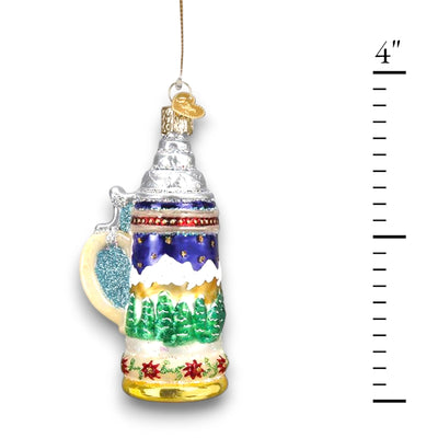 German Stein Christmas ornament featuring a traditional beer stein design with an Alpine scene, silver lid, and festive glitter accents.