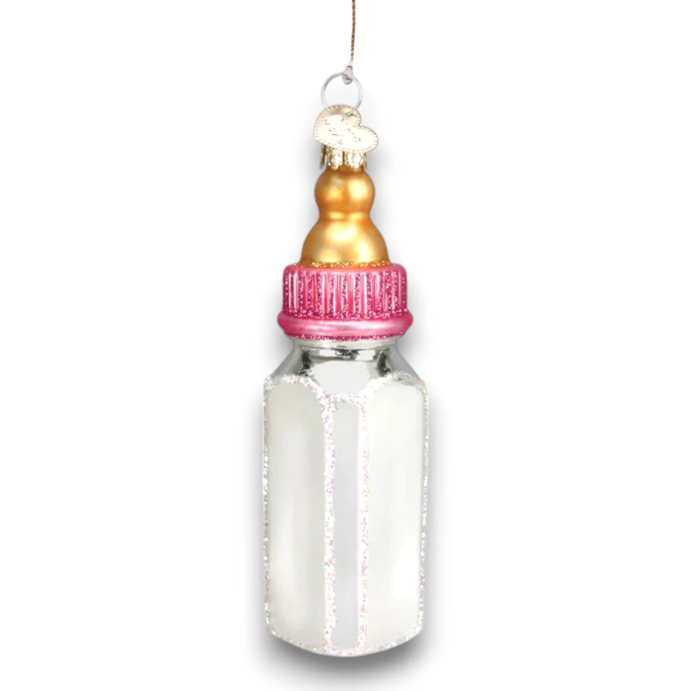 Personalized Girl Baby Bottle Christmas Ornament featuring a golden nipple, pink cap, and glitter accents, customizable with name and year.