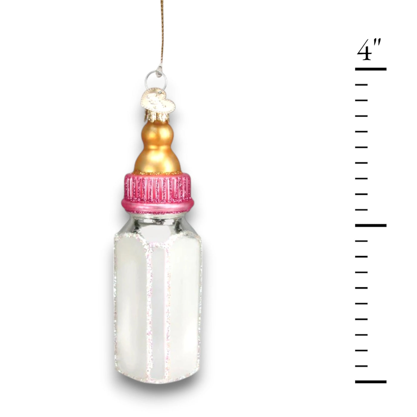 Personalized Girl Baby Bottle Christmas Ornament featuring a golden nipple, pink cap, and glitter accents, customizable with name and year.