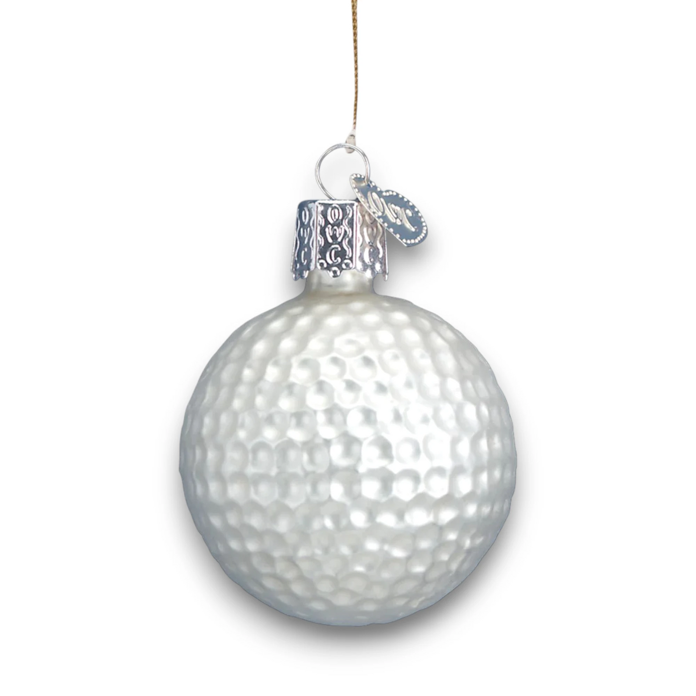 Personalized Golf Ball Christmas Ornament featuring a dimpled design in shimmering pearl-white, customizable with name and year.