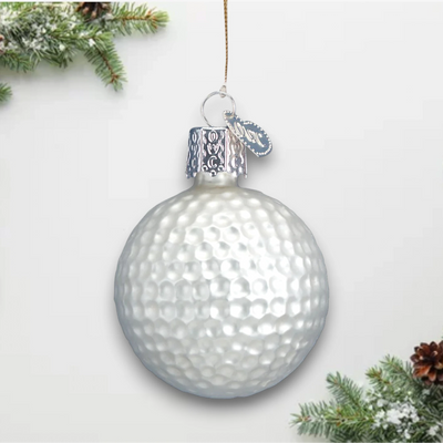 Personalized Golf Ball Christmas Ornament featuring a dimpled design in shimmering pearl-white, customizable with name and year.