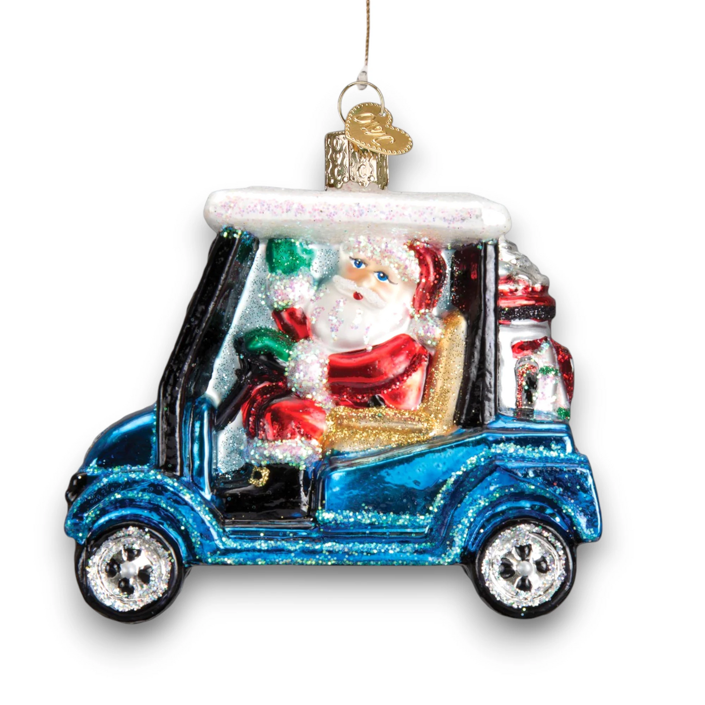 Personalized Golf Cart Santa Christmas Ornament featuring Santa Claus driving a blue glittery golf cart, customizable with name and year.