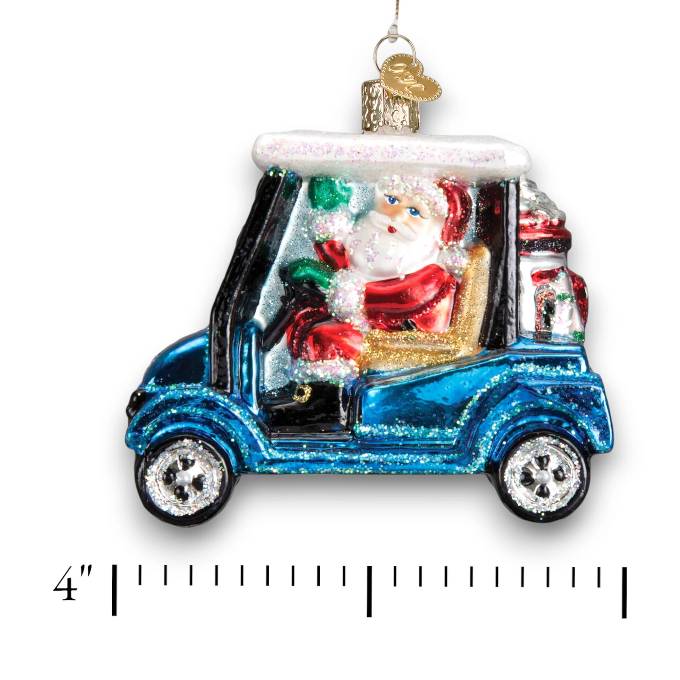 Personalized Golf Cart Santa Christmas Ornament featuring Santa Claus driving a blue glittery golf cart, customizable with name and year.