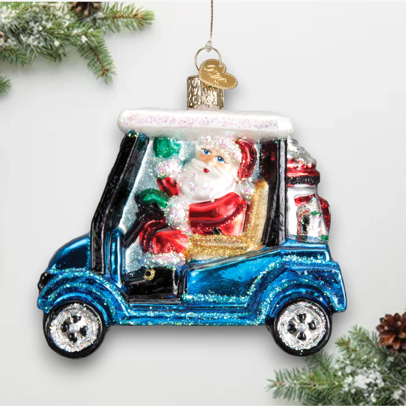 Personalized Golf Cart Santa Christmas Ornament featuring Santa Claus driving a blue glittery golf cart, customizable with name and year.