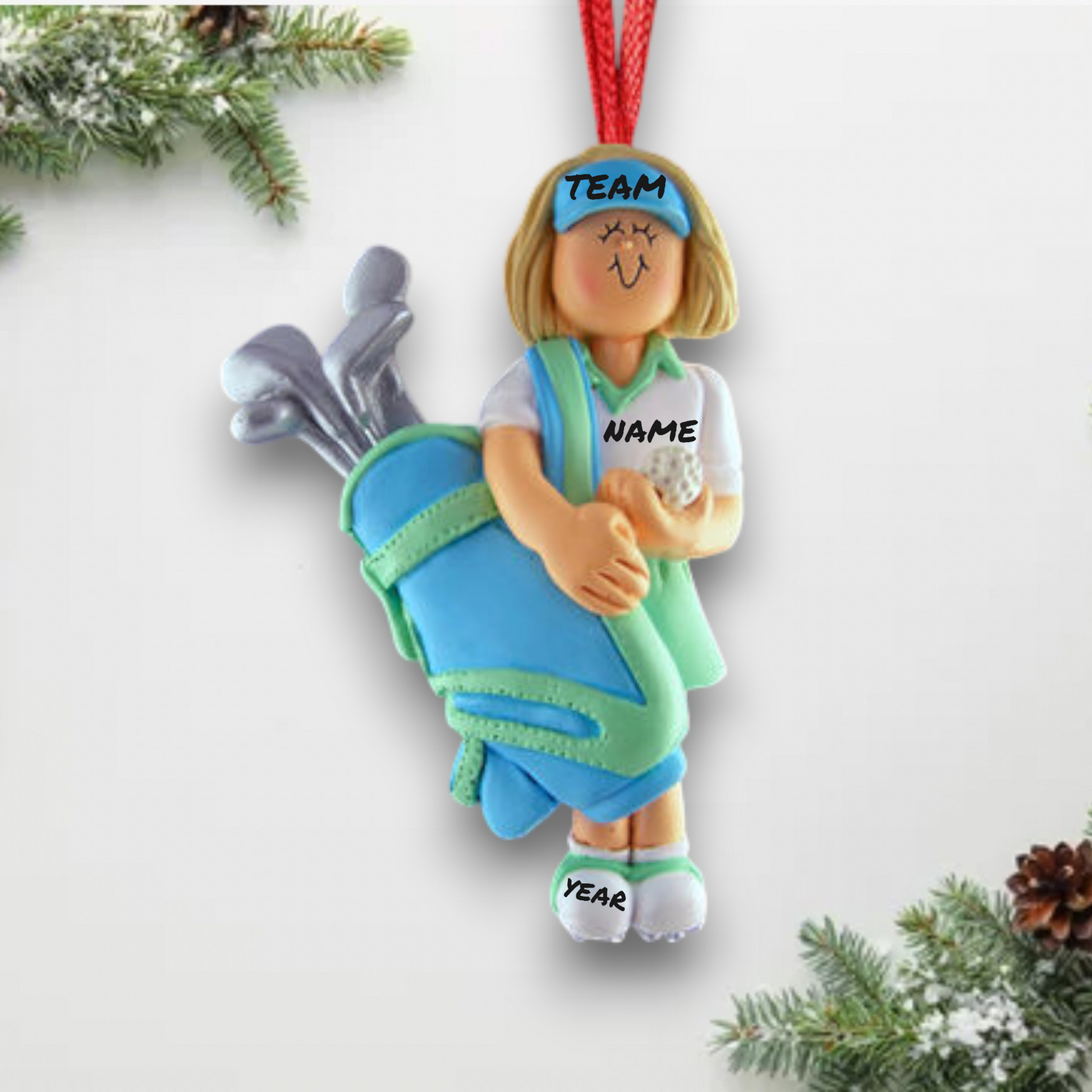 Personalized Blonde Female Golfer Christmas Ornament