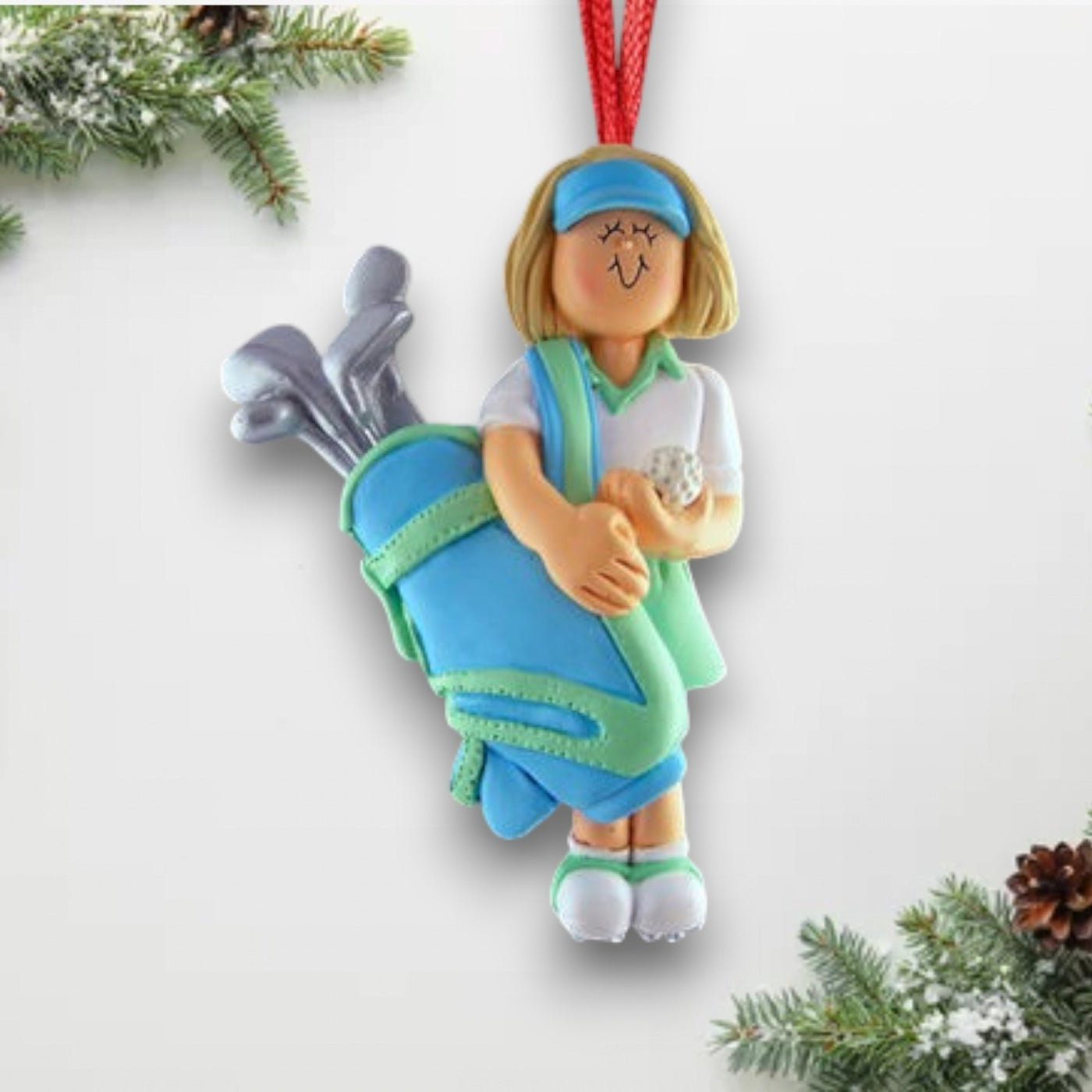 Personalized Blonde Female Golfer Christmas Ornament