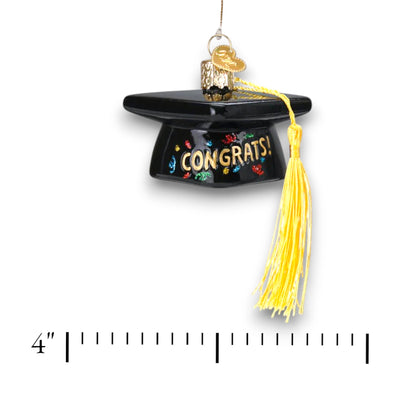 Personalized Graduation Cap Christmas Ornament featuring a black cap with gold “Congrats!” lettering, colorful glitter details, and a yellow tassel, customizable with name and year.