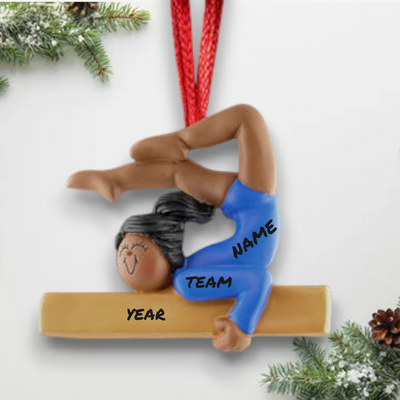 Personalized African-American Female Gymnast Christmas Ornament Blue Uniform