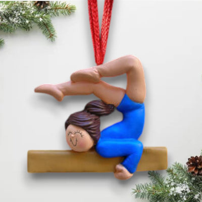 Personalized Brunette Female Gymnast Christmas Ornament Blue Uniform