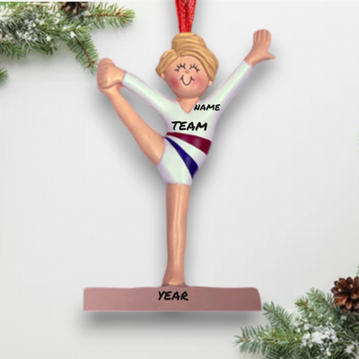 Personalized Blonde Female Gymnast Child Christmas Ornament White Uniform